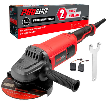 PROMAKER 9 inch Angle grinder, 17.2 AMP 6300 RPM, Heavy Duty Angle Grinder with two (2) extra Carbon brushes . Electric metal grinder tool with Soft Start Technology PRO-ES2009