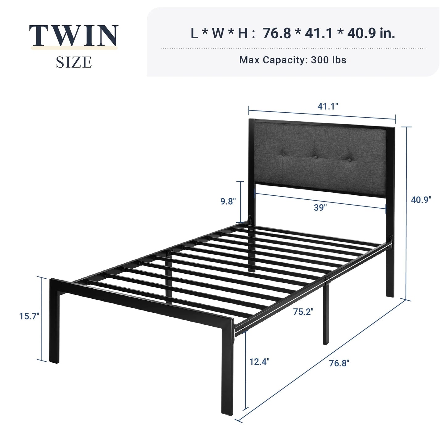 Allewie Twin Platform Bed with Upholstered Button Tufted Headboard with 11" Under-Bed Storage, Grey