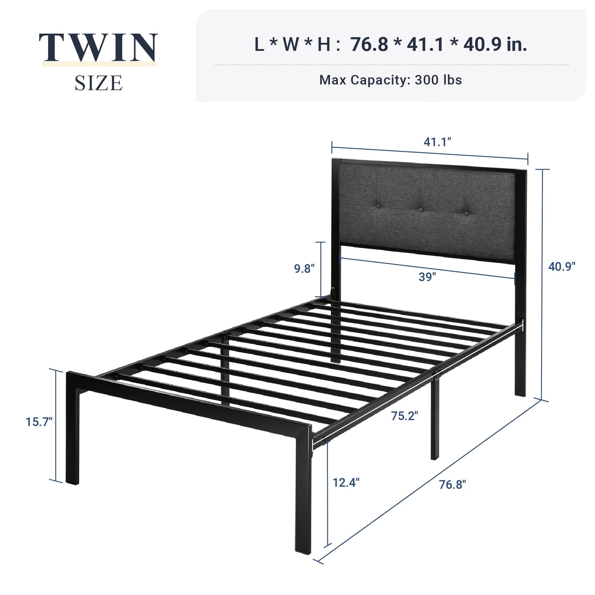 Allewie Twin Platform Bed with Upholstered Button Tufted Headboard with 11" Under-Bed Storage, Grey