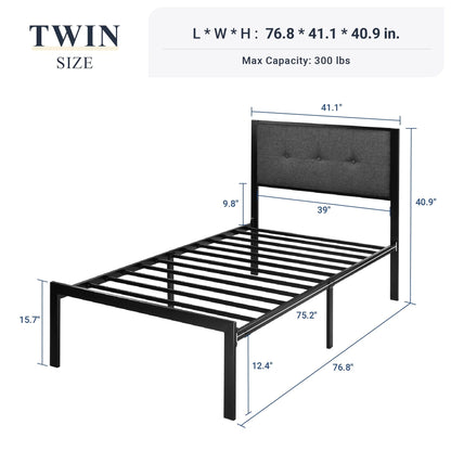 Allewie Twin Platform Bed with Upholstered Button Tufted Headboard with 11" Under-Bed Storage, Grey