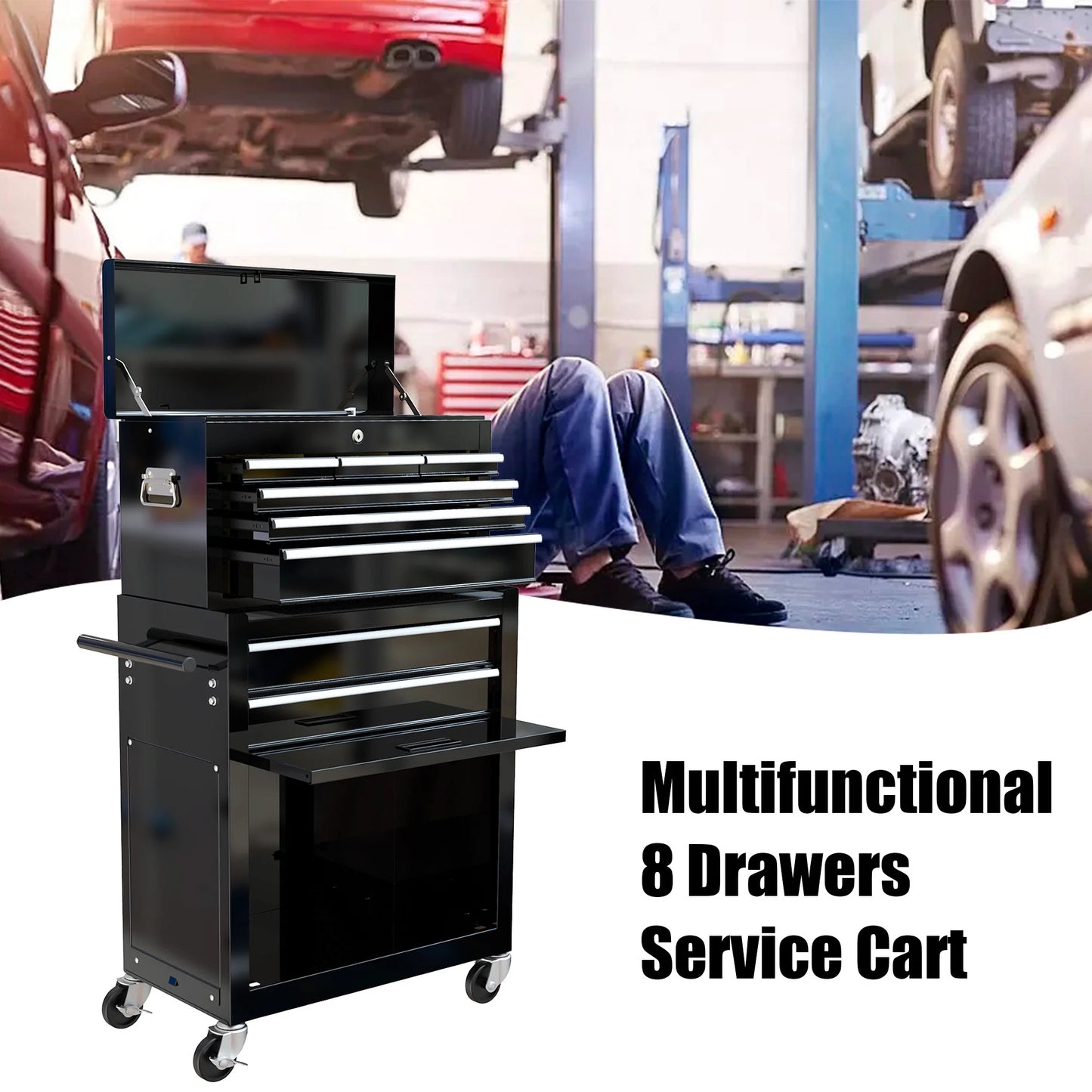 High Capacity Rolling Tool Chest, 8-Drawer Storage Cabinet, Black