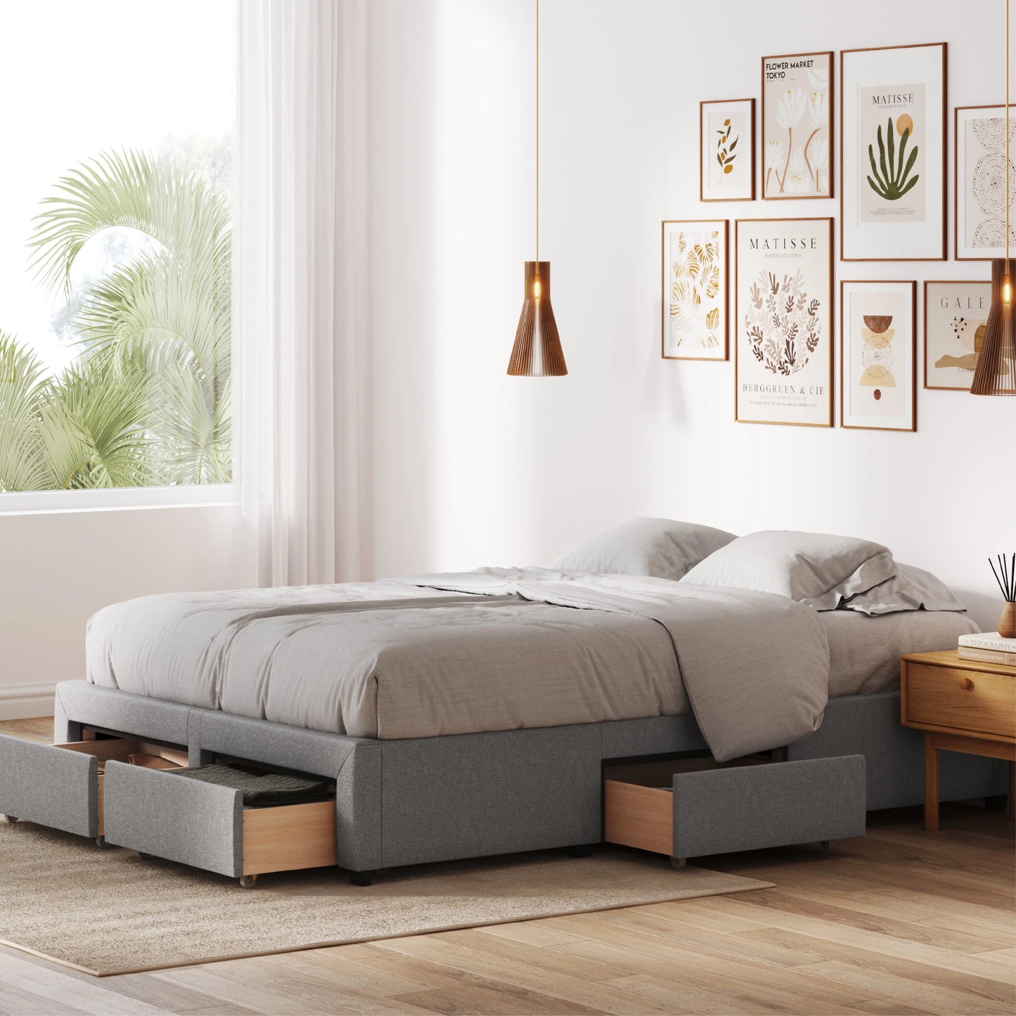 DG Casa Cosmo Upholstered Platform Bed Frame Base with Storage, Queen Size, Gray
