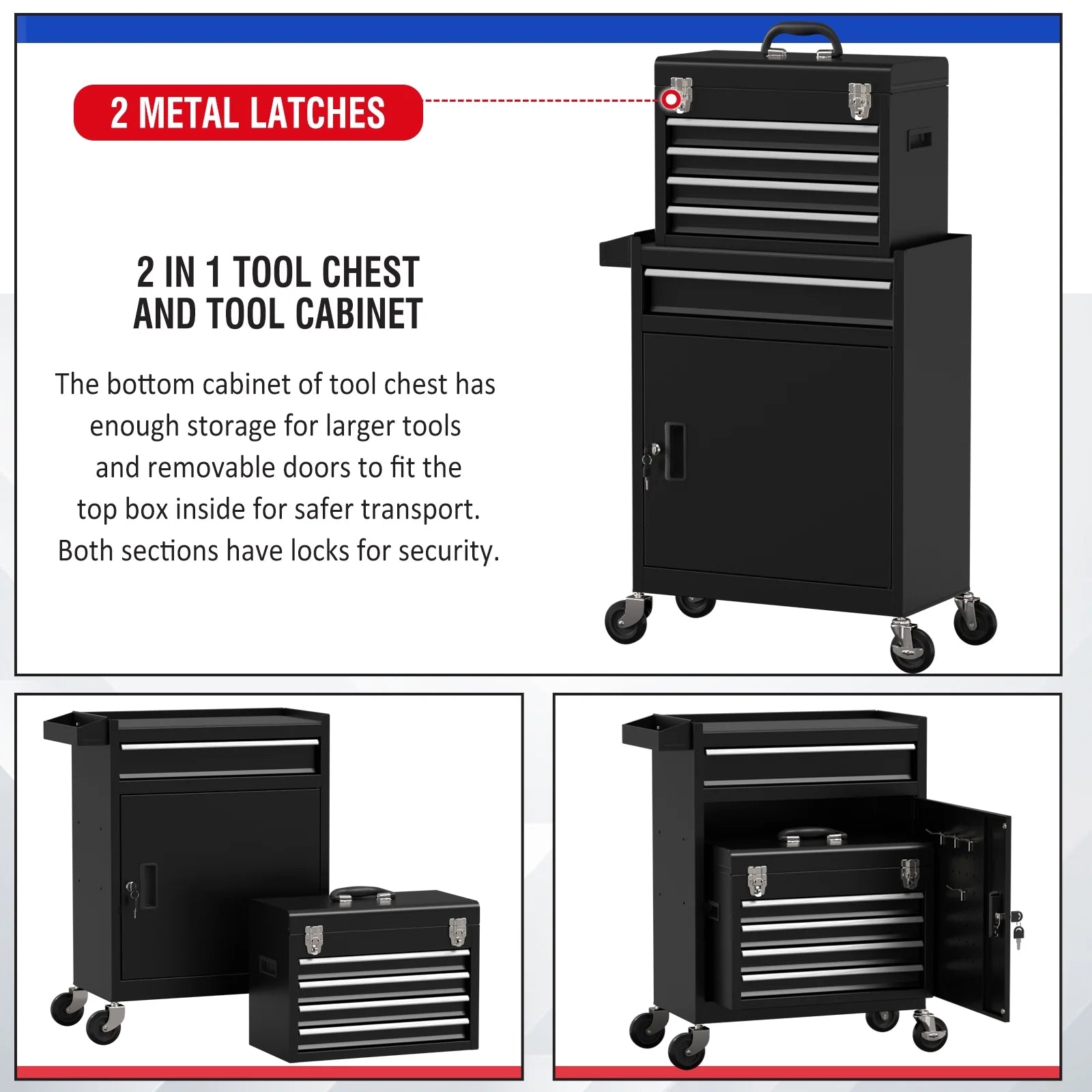 Odaof Tool Storage Cabinet Tool Chest with 4 Wheels and 5 Drawers,Large Capacity Removable Toolbox with Lock for Garage and Warehouse(Black)