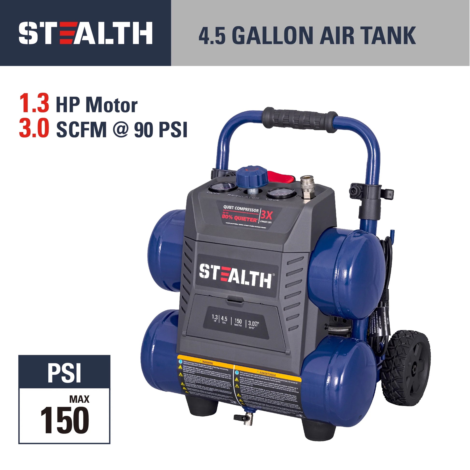 Stealth Ultra Quiet 4.5 Gallon 150 PSI Portable Electric Oil-Free Air Compressor, Professional Series