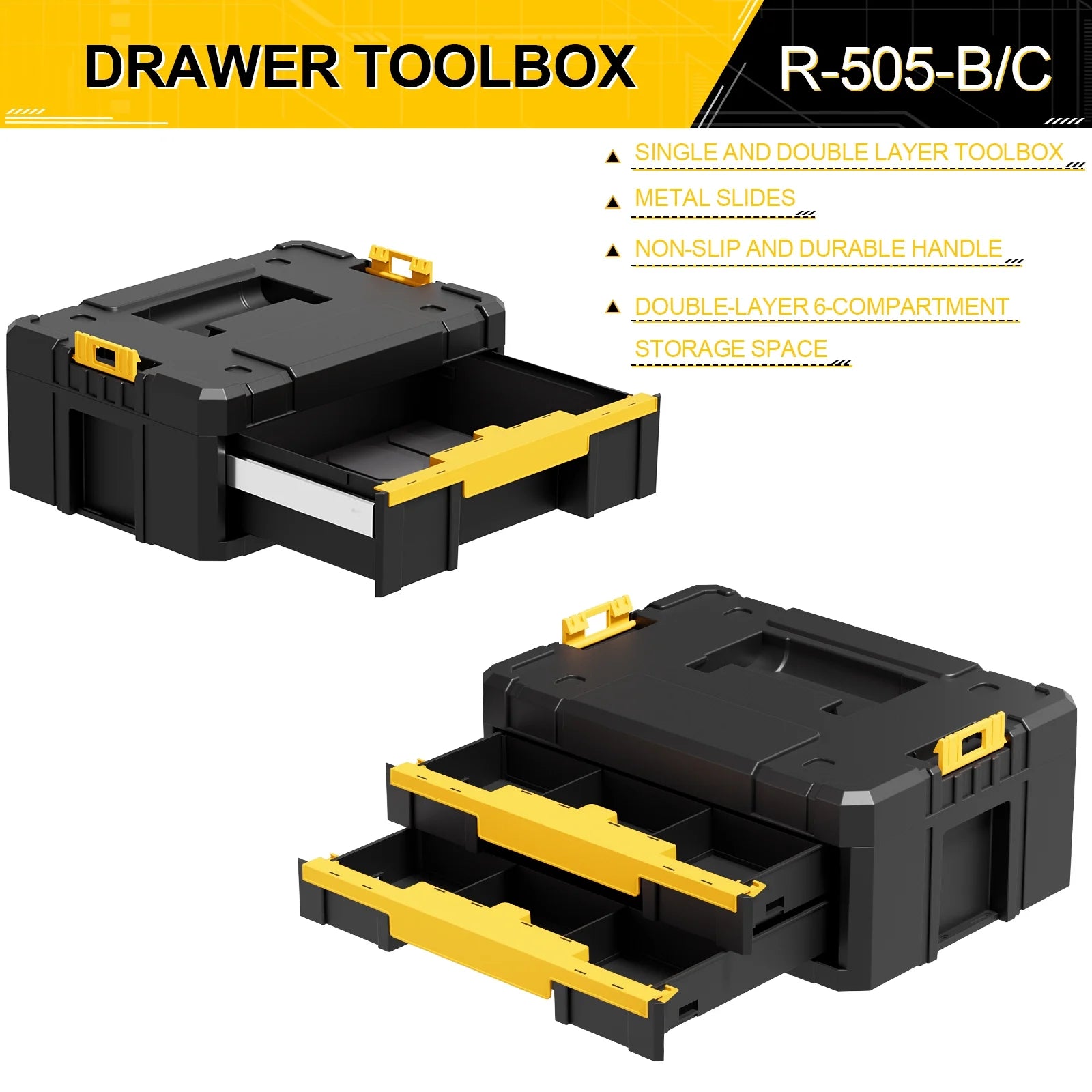 4 Tier Stackable Rolling Tool Box with Wheels, Modular Organizer Storage System with Drawers for Garage & Professional Work