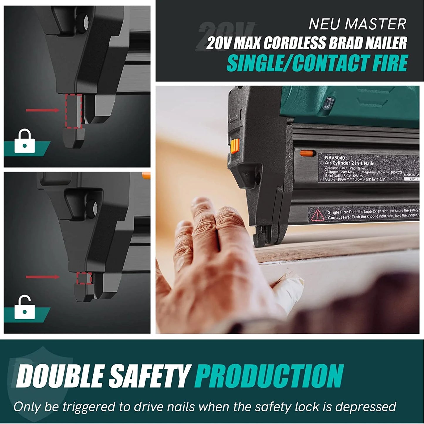 NEU MASTER Cordless Brad Nailer , 18 Gauge 2 in 1 Nail Gun/Staple Gun with 2.0Ah Li-ion Battery, 1000pcs Nails and 500pcs Staples Included, for Home Improvement, Woodworking