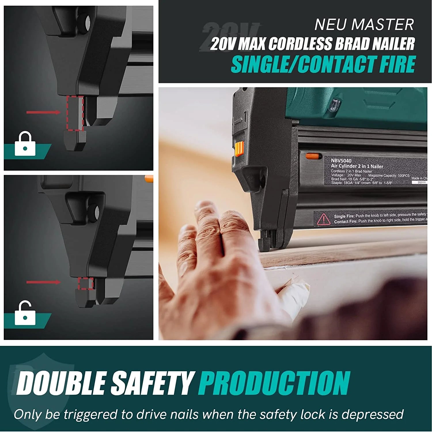 NEU MASTER Cordless Brad Nailer , 18 Gauge 2 in 1 Nail Gun/Staple Gun with 2.0Ah Li-ion Battery, 1000pcs Nails and 500pcs Staples Included, for Home Improvement, Woodworking
