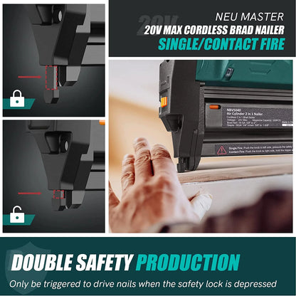NEU MASTER Cordless Brad Nailer , 18 Gauge 2 in 1 Nail Gun/Staple Gun with 2.0Ah Li-ion Battery, 1000pcs Nails and 500pcs Staples Included, for Home Improvement, Woodworking