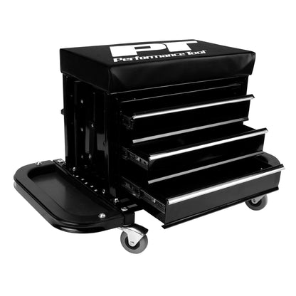 Performance Tool W85025 3-Drawer Rolling Tool Chest Seat with Magnetic Side Trays, 350 Lbs. Capacity, Rear Tray, Black