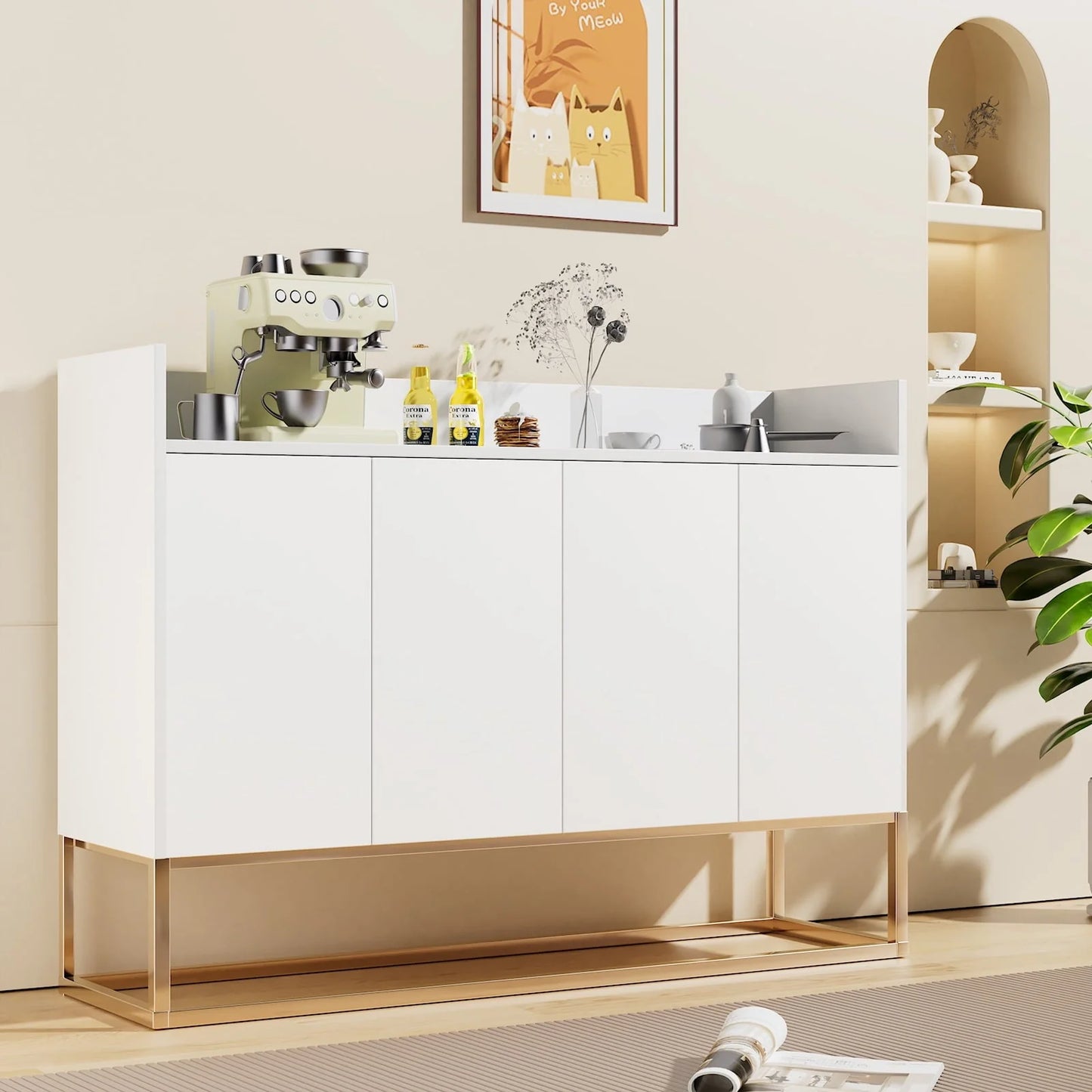 Storage Cabinet, Farmhouse Buffet Sideboard, Buffet Cabinet, Storage Cabinet with 4 Rattan Doors and Adjustable Shelves, Heavy Duty Cabinet Furniture for Living Room Kitchen Dining Room, White