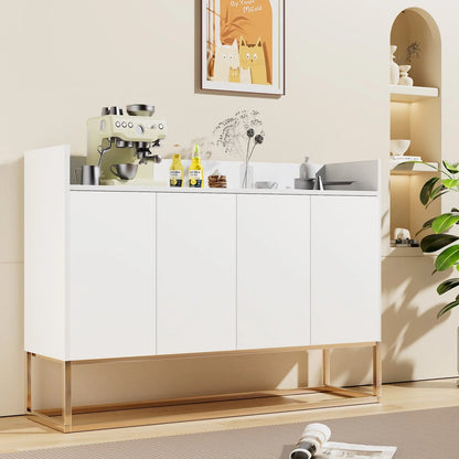 Storage Cabinet, Farmhouse Buffet Sideboard, Buffet Cabinet, Storage Cabinet with 4 Rattan Doors and Adjustable Shelves, Heavy Duty Cabinet Furniture for Living Room Kitchen Dining Room, White