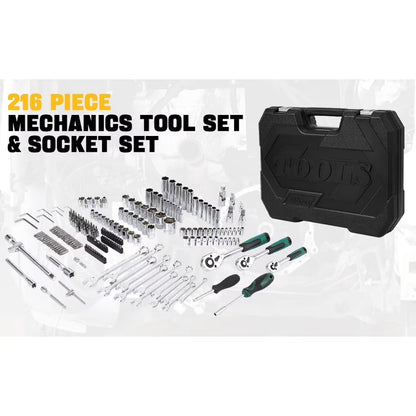 AOILE 216-Piece SAE & Metric Mechanics Tool Set with Socket Wrench Kit in Storage Case