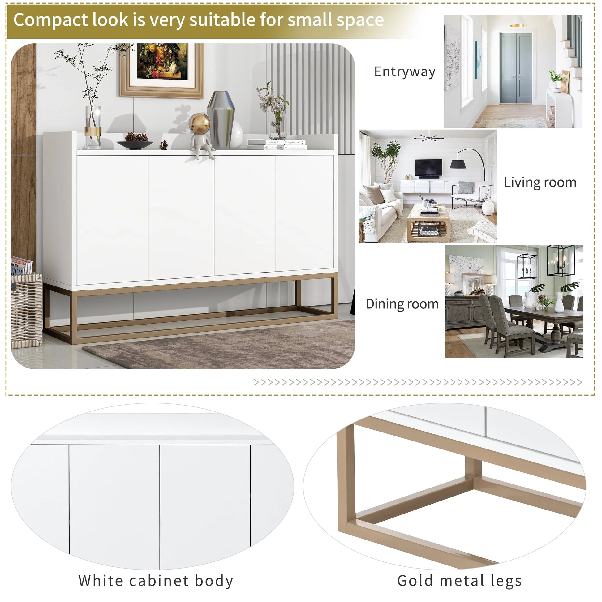 Storage Cabinet, Farmhouse Buffet Sideboard, Buffet Cabinet, Storage Cabinet with 4 Rattan Doors and Adjustable Shelves, Heavy Duty Cabinet Furniture for Living Room Kitchen Dining Room, White