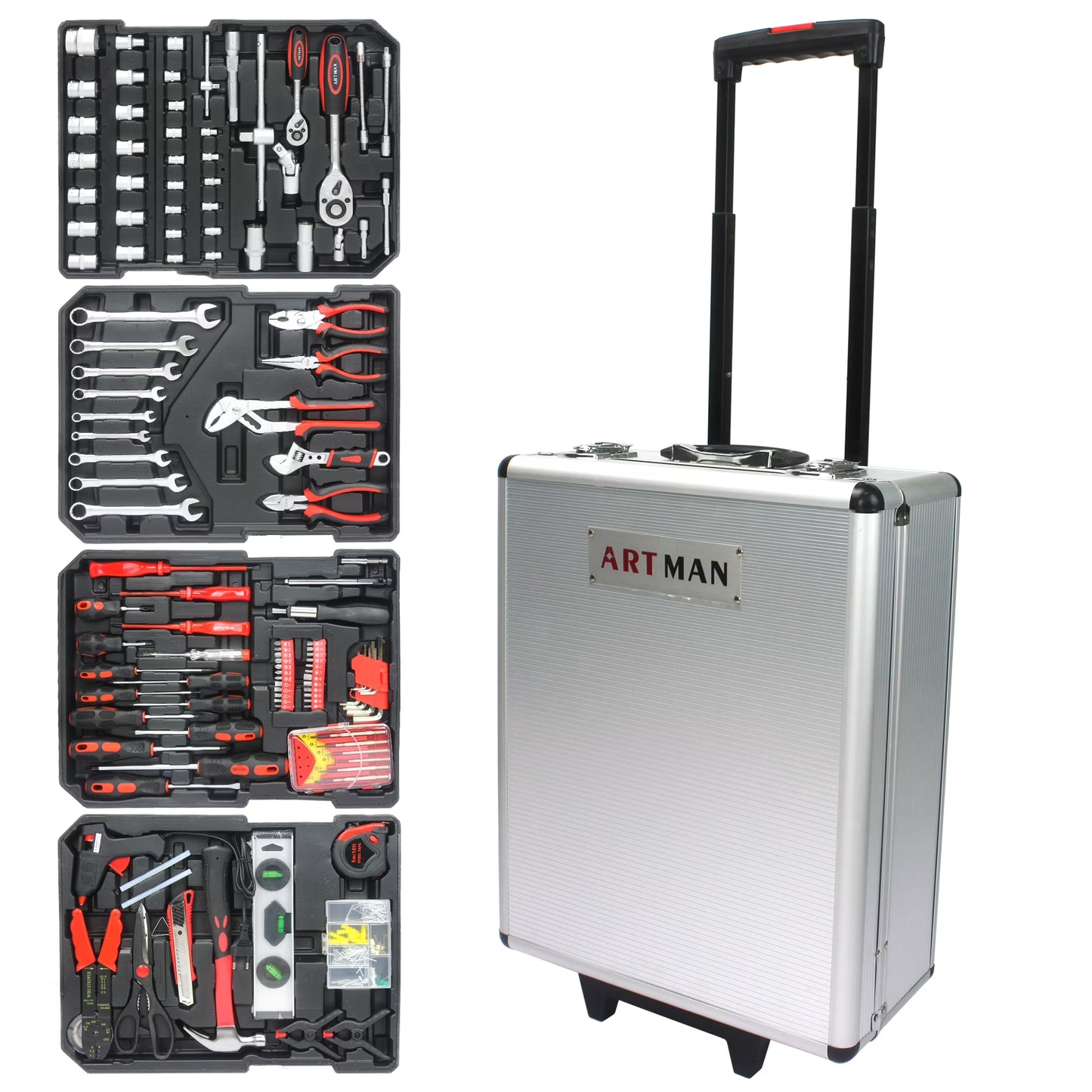 Seizeen 899PCS Tool Set Professional, Mobile Tool box on Wheels with Handle, Mechanics Tool Set W/Hand Tool, Ratchets& Socket Set, Screwdriver Set, 4-layer Tool Case & Tool Kit COMB, Silver