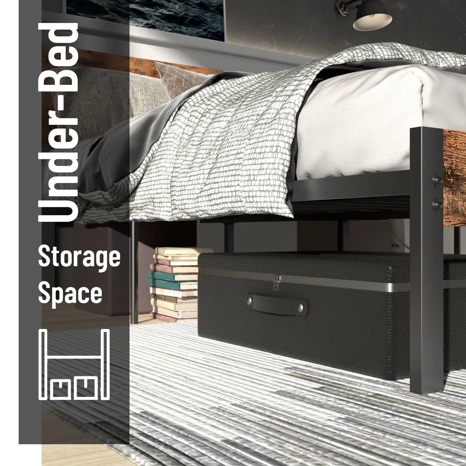 LIKIMIO Queen Platform Bed Frame with MDF Headboard, Strong Steel Support and Underbed Storage Space, Vintage Brown