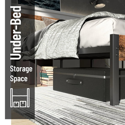 LIKIMIO Queen Platform Bed Frame with MDF Headboard, Strong Steel Support and Underbed Storage Space, Vintage Brown