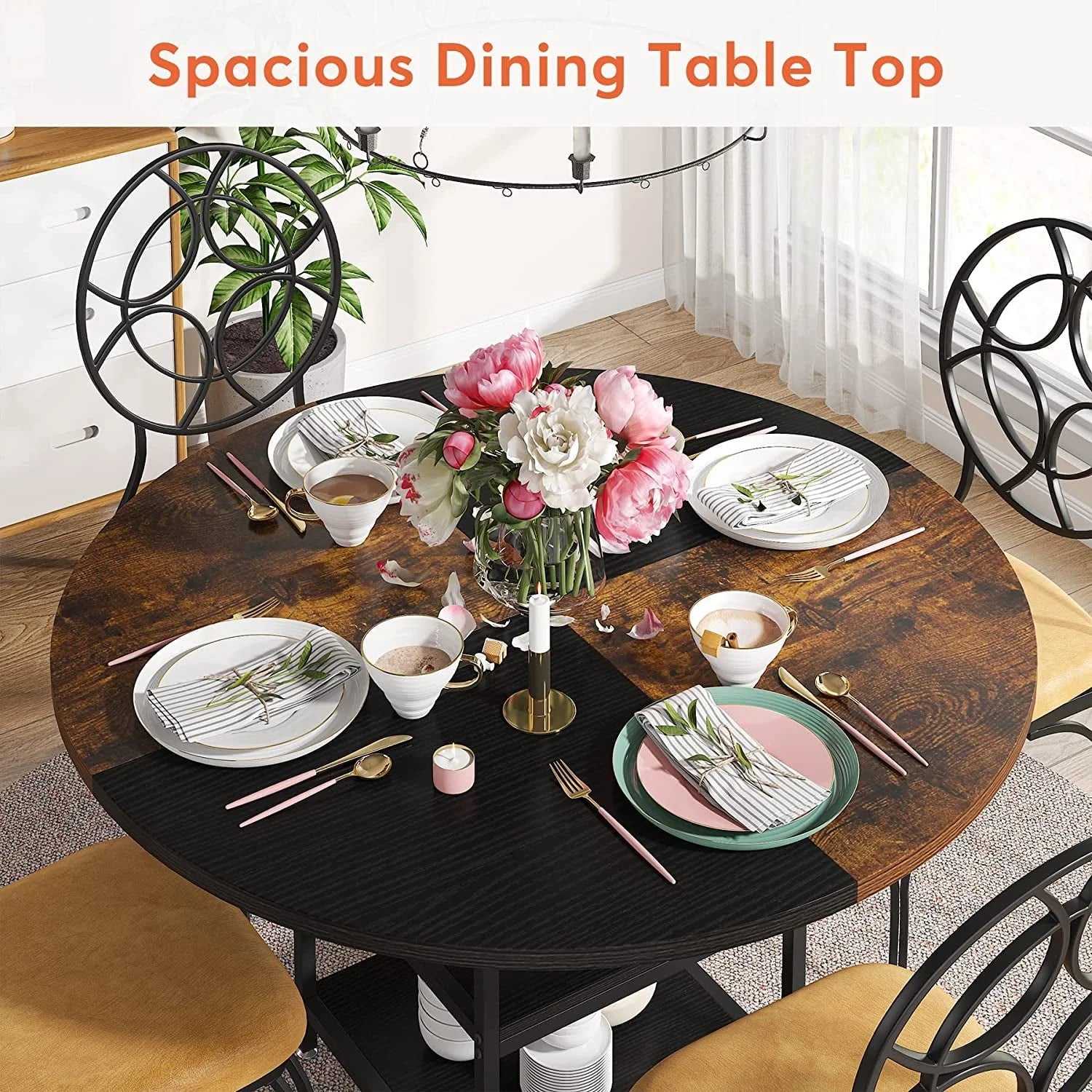 Tribesigns Round Dining Table for 4, 47" Kitchen Table Small Dinner Table with Storage Shelf, Rustic Brown & Black