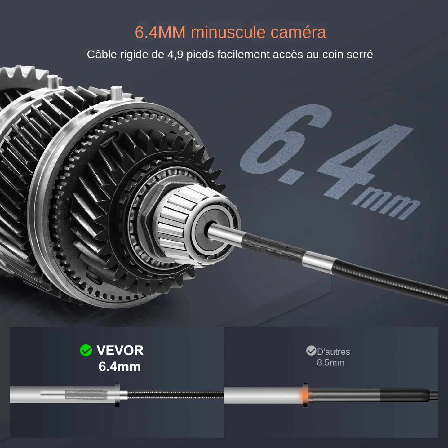 VEVOR Flexible Borescope Camera, Dual-Articulation Endoscope with 6.4mm Slim Lens, 5-inch IPS HD Display, 8X Magnification, 8 LED Illumination Snake Camera for Car Maintenance, Plumbing