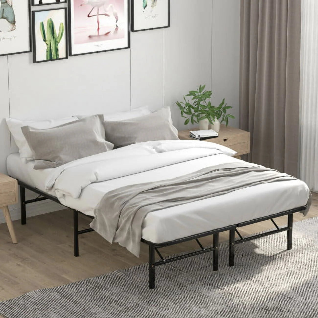 74" x 53" x 14" Foldable Metal Platform Bed Frame, No Box Spring Needed Steel Slats Support, 14 Inches High Under Bed Storage, Tool-free Assembly, Full Size