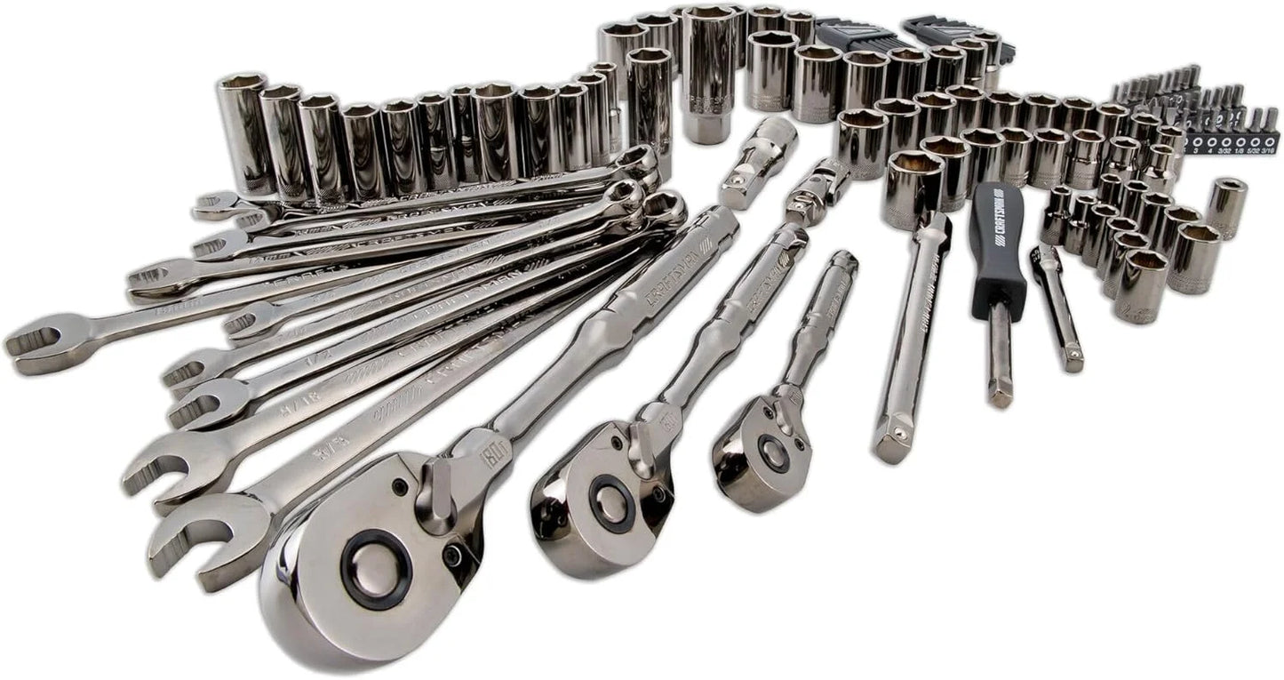 180-Tooth Ratchet Mechanic Tool Set with Gunmetal , 121-Piece Standard SAE/Metric Socket Set Includes Hard