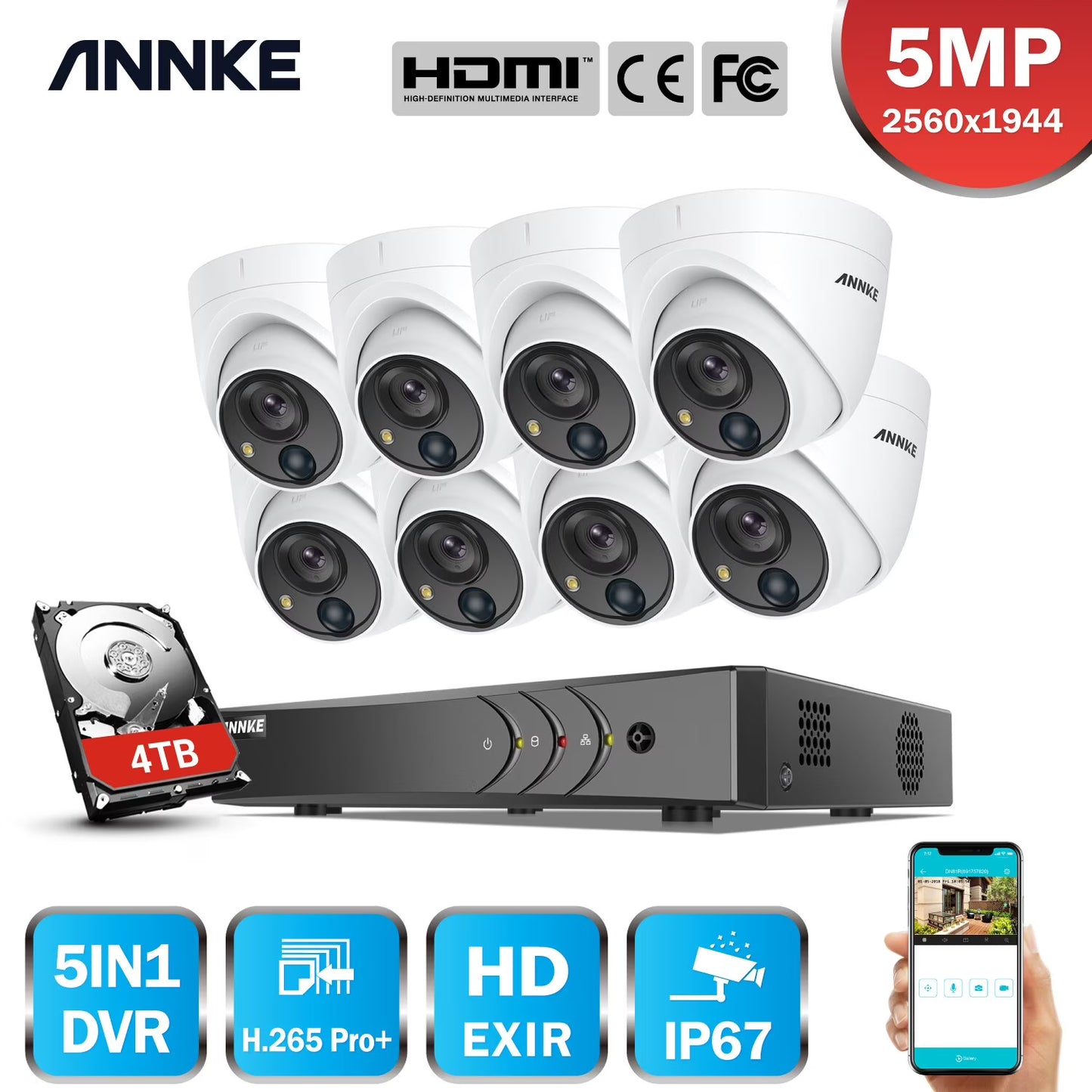 ANNKE 8CH 5MP Security Camera System 5MP Lite 5IN1 H.265+ DVR with 8pcs IP67 5MP PIR HD EXIR Dome Weatherproof Surveillance CCTV Kit Without HDD