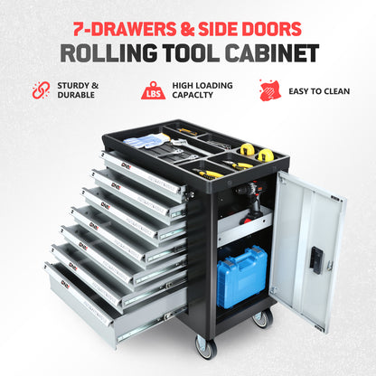 7-Drawers Rolling Tool Chest Cabinet with Casters, Locking System, Top Worktop, for Garage Warehouse Workshop, Grey