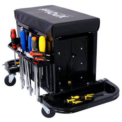 350-Pound Capacity Garage Glider Rolling Tool Chest SeatMechanics Roller Seat with 3 Drawers, Rolling Tool Chest Garage Chair, Toolbox on Wheels Mechanics Seat