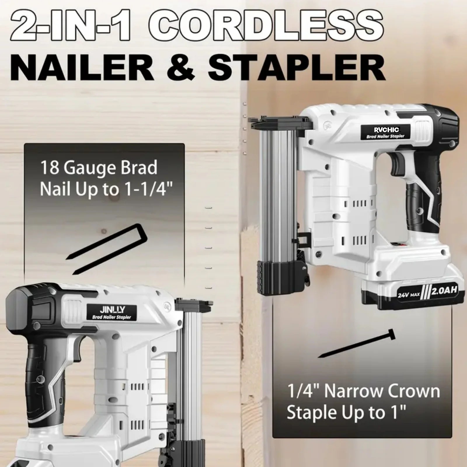 Rvchic 18 Gauge Cordless Brad Nailer,2-in-1 21V Electric Brad Nailer Stapler for Woodworking,Home Improvement,Include 1*2000mAh Battery and 1000pcs Nails
