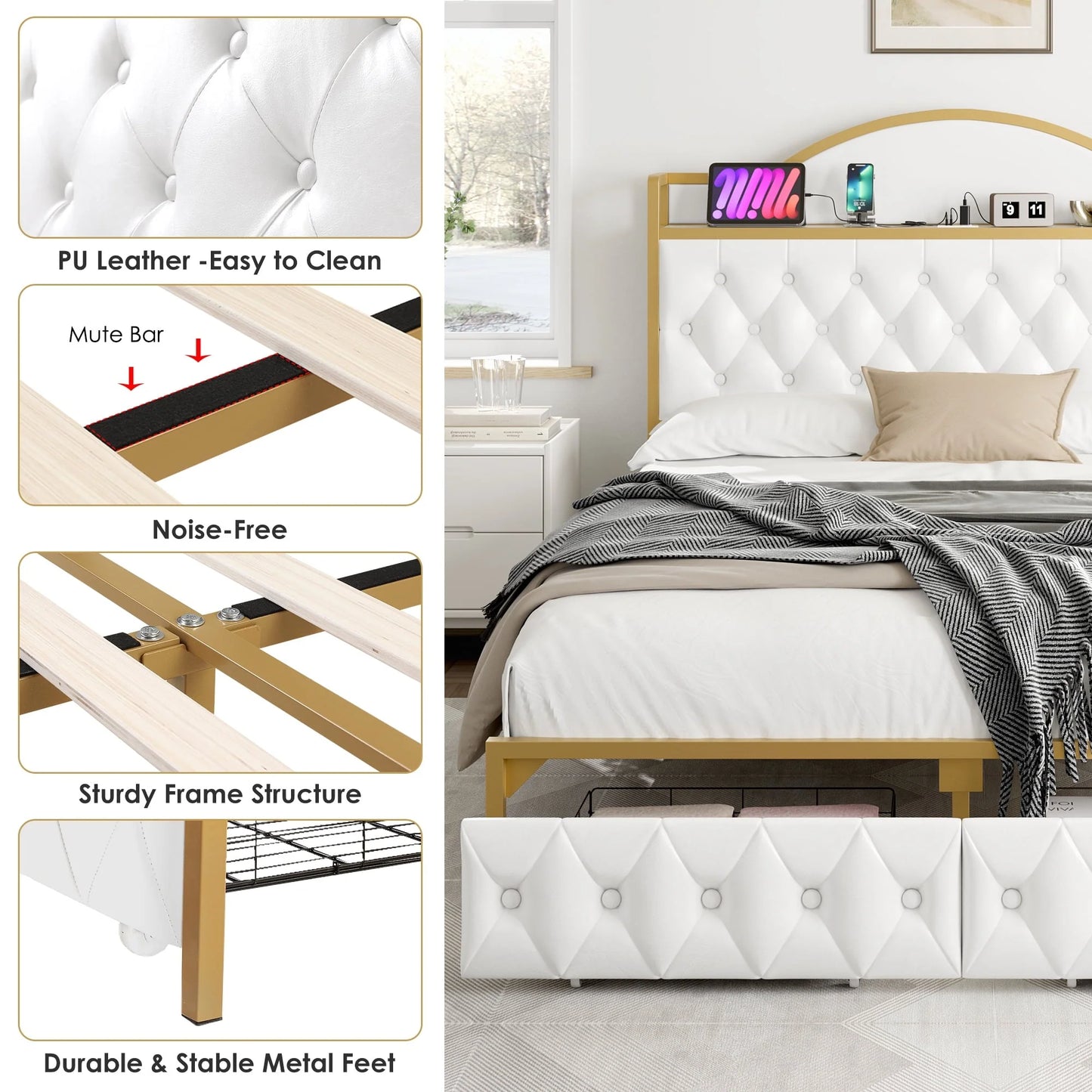 Homfa Queen Size Storage Bed with 2 Drawers, PU Leather Upholstered Bed with Shelving and Charging , White