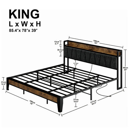LIKIMIO King Metal Bed Frame with Storage Headboard and Outlets, Sturdy for Adults, Vintage and Gray