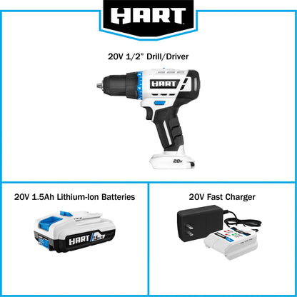HART 20-Volt 1/2-inch Cordless Drill/Driver Kit, (1) 1.5Ah Lithium-Ion Battery, Gen 2