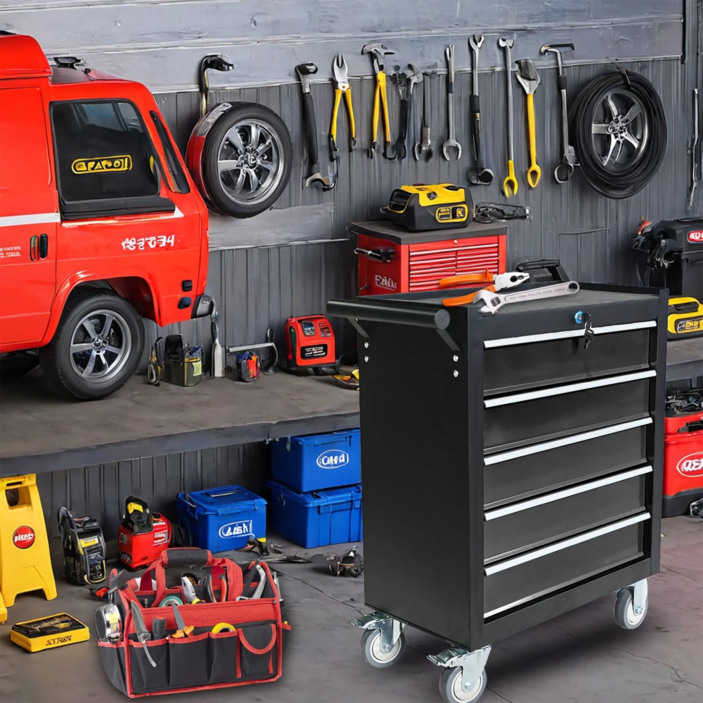 5-Drawer Metal Rolling Tool Cabinet, Storage Toolbox with Brake wheels, Tool Chest with lock, Suitable for Warehouses, Garages, Repair Shops