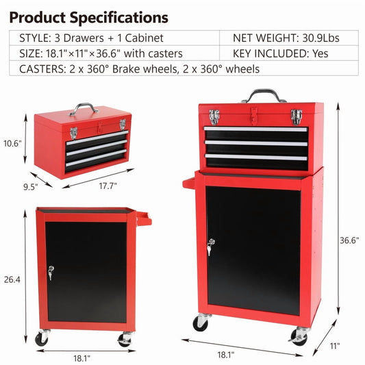 3-Drawer Rolling Tool Chest with Wheels - Heavy-Duty Storage Cabinet, Locking System, and Adjustable Shelf for Garage and Warehouse