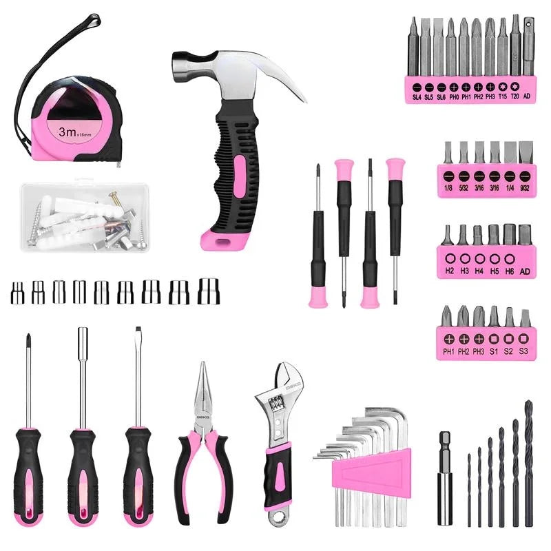 126-Piece Pink Household Tool Set with 8V Cordless Drill, Rechargeable Battery, All-in-One Compact Tools kit, Perfect , Ideal for Home Repairs & DIY Projects