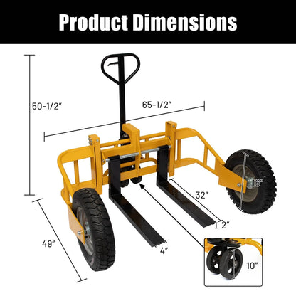 All Terrain Adjustable Manual Pallet Jack Hand Pallet Truck with Guardrail, 65.75"W x 55.35"D x 50.39"H, 2500 lbs Cap.