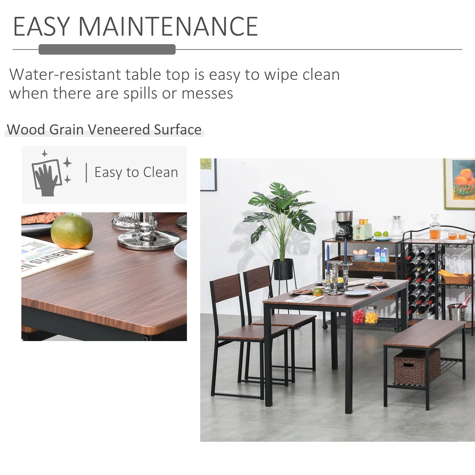 Industrial 4 Piece Dining Room Table Set with Bench Wooden Kitchen Table and Chairs w/Storage Rack