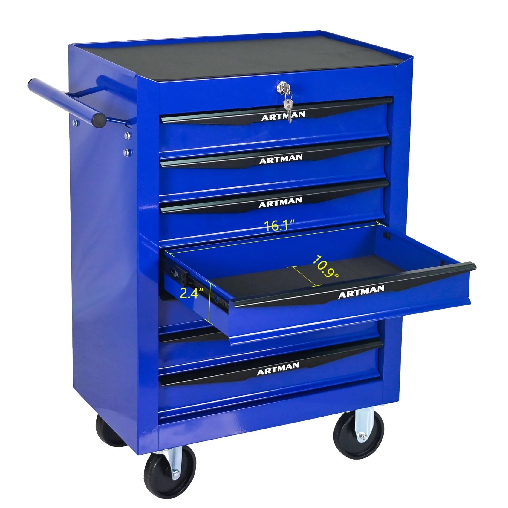 FARONZE Rolling Metal Tool Chest with 7 Drawers, 20" Steel Storage Cabinet with Ball Bearing Slides, Black and Blue Finish
