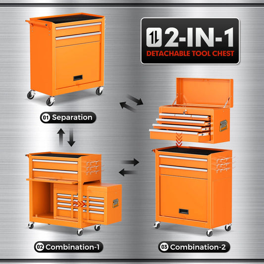 POVANLI High Capacity Rolling Tool Box with Wheels and 8 Drawers, Wheels Lockable, 2-IN-1 Tool Chest & Cabinet, Organizer, for Garages, Warehouses, Workshops, Repair Shops, Orange