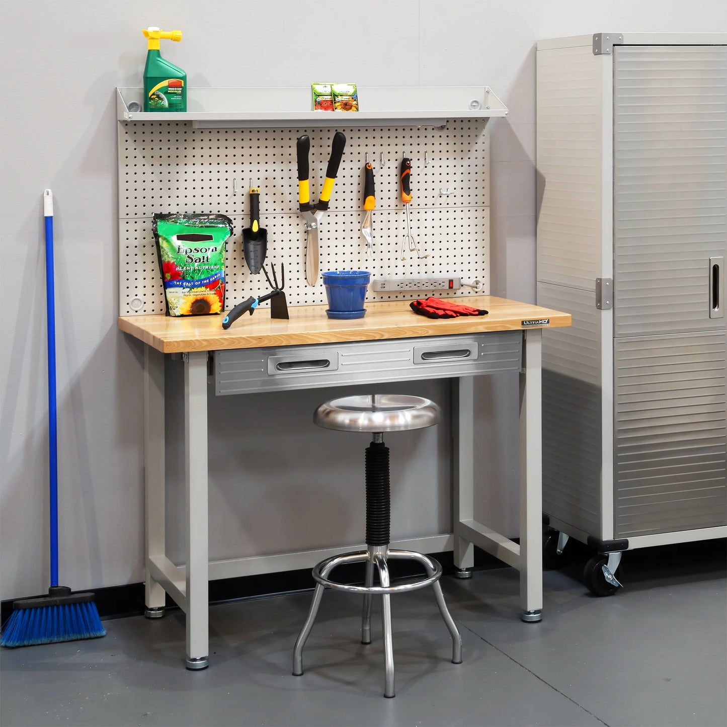 Seville Classics UltraHD Heavy Duty Commercial Lighted Workcenter Workbench w/Pegboard, Granite, 48" W x 24" D x 65.5" H