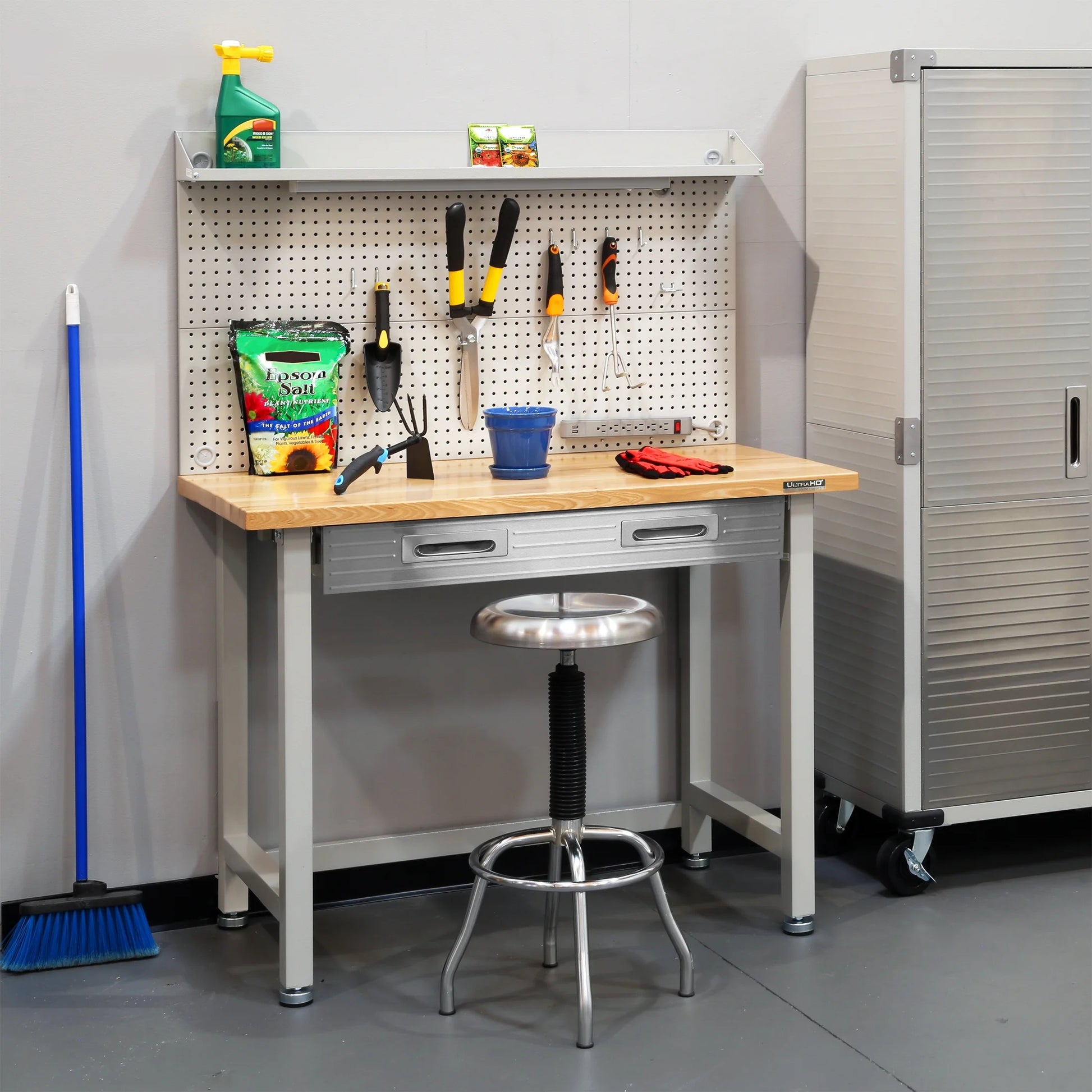 Seville Classics UltraHD Heavy Duty Commercial Lighted Workcenter Workbench w/Pegboard, Granite, 48" W x 24" D x 65.5" H