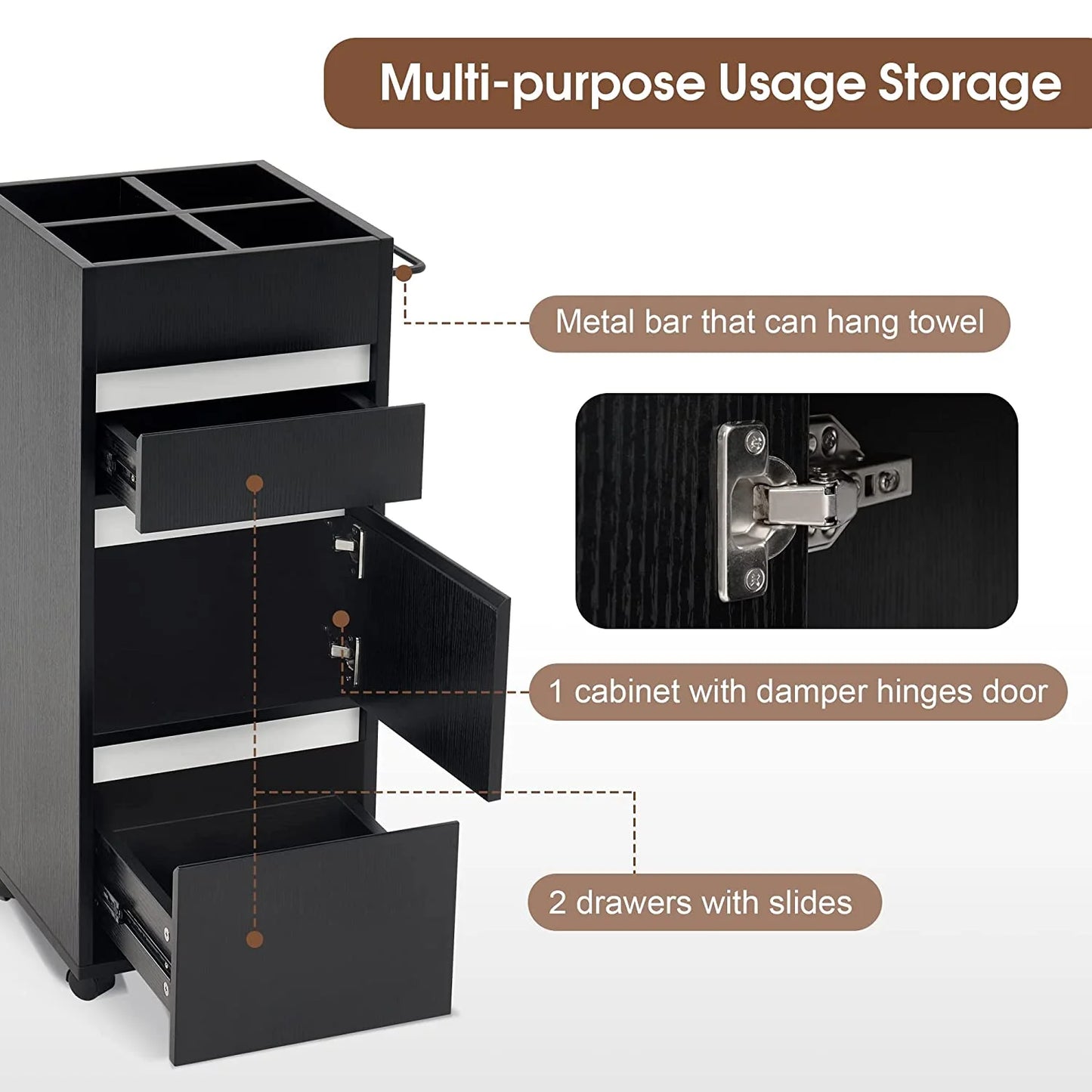 BarberPub Utility Cart with Storage Drawer, Salon Trolley Cabinet