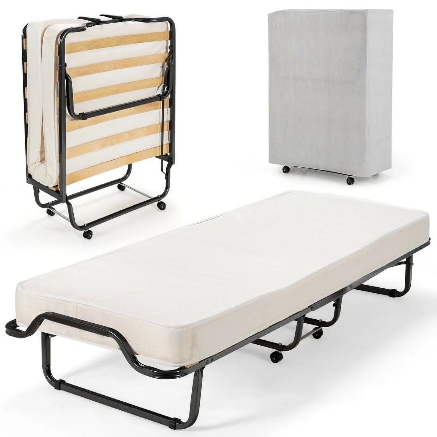 Folding Rollaway Bed, Metal Frame Bed Storage Cover Included, Portable Foldable Guest Bed for Adults, Cot Size Fold up Bed with Memory Foam Mattress on Wheels 76.5" x 31.5" x 16"