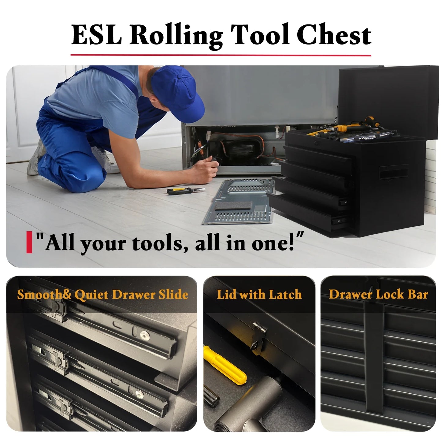 Rolling Tool Chest, 5 Drawers with Big Cabinet, Tool Trolley with 4 Universal Lockable Wheels and Lock Bar, Great Black Tool Cart for Garage Workshop, Sturdy Heavy Duty Tool Storage, Easy Assemble