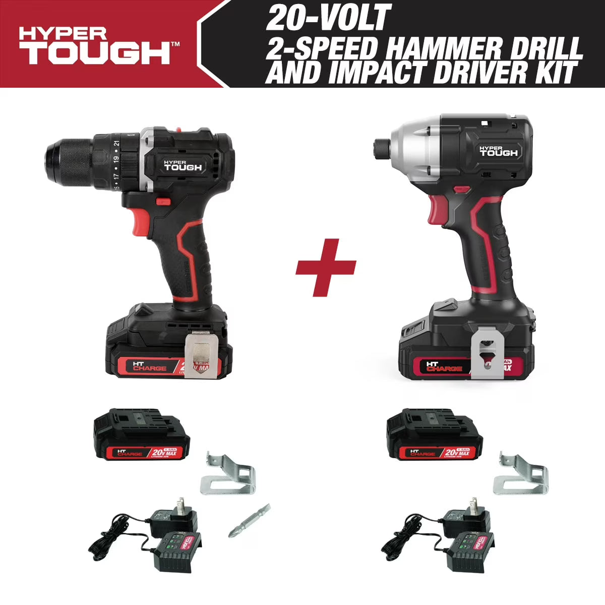 Hyper Tough 20V 1/4? Impact Driver & 1/2? 2-Speed Hammer Drill Bundle, (2) 1.5Ah Lithium-Ion Batteries & (2) Chargers