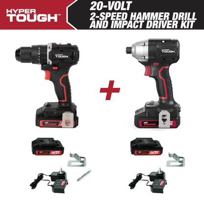 Hyper Tough 20V 1/4? Impact Driver & 1/2? 2-Speed Hammer Drill Bundle, (2) 1.5Ah Lithium-Ion Batteries & (2) Chargers
