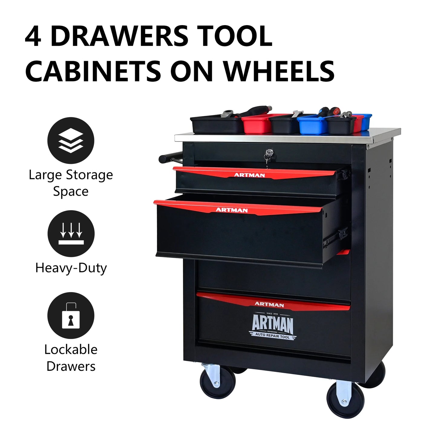 JXXRZ 4-Drawer Rolling Tool Cart with Wheels, Stainless Steel Top & Lock for Garage Workshop, Black& Red