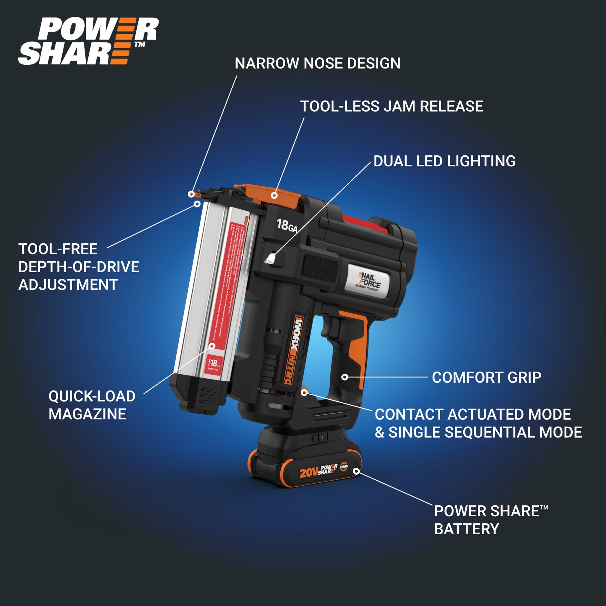 Worx Nitro WX842L.9 20V Power Share Cordless 18GA Brad Gun (No Battery and Charger Included - Tool Only)