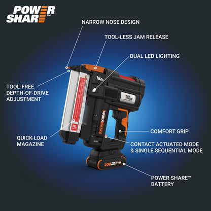 Worx Nitro WX842L.9 20V Power Share Cordless 18GA Brad Gun (No Battery and Charger Included - Tool Only)