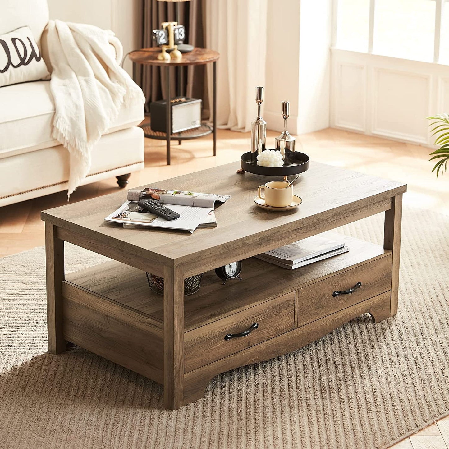LINSY HOME Farmhouse Coffee Table with Storage, Wood Coffee Table for Living Room, Open Display Area and Storage Drawers with Metal Handles, Chic Style with Curved Base, Brown