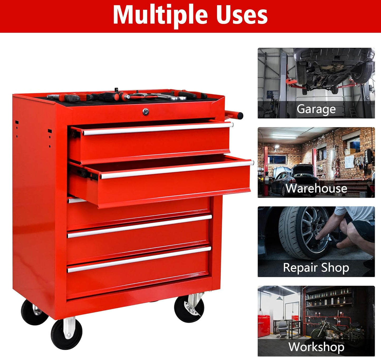 DSstyles Tool Chests, 5-Drawer Rolling Tool Storage Cabinet with Detachable Tray, Multi-Functional Handles, Adjustable Shelves, Secure Locking System, Heavy-Duty Wheels, Ideal for Garage, Workshop